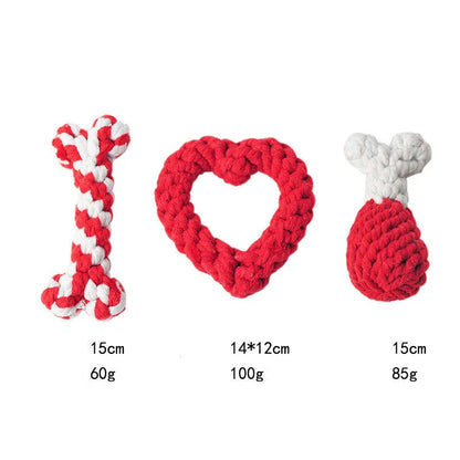 Premium cotton rope chew toys for dogs and puppies in various shapes and colors, including bones, hearts, and chicken thighs