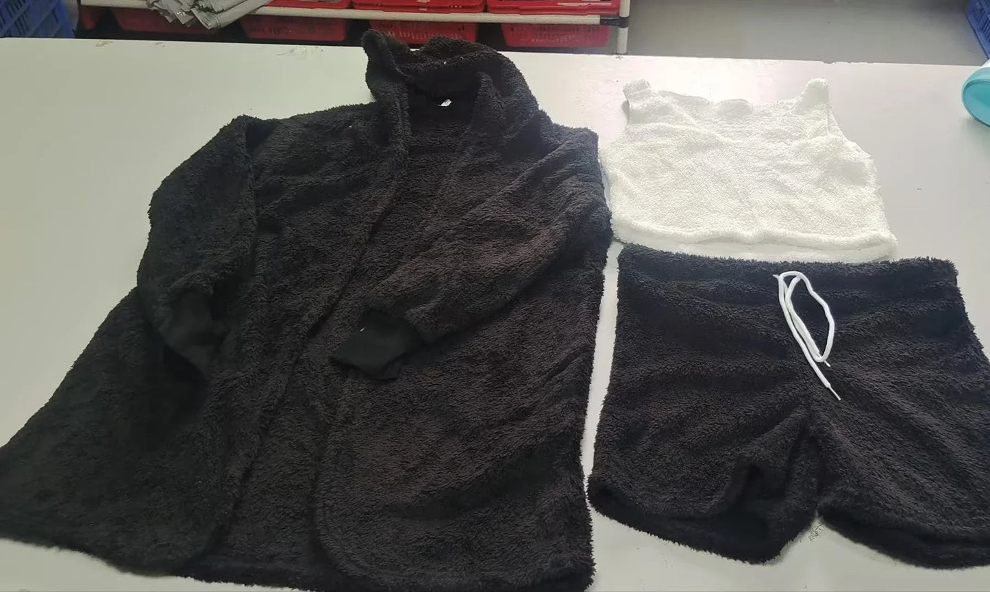 Cozy 3-Piece Women's Pajama Set with Long Sleeve Crop Top and Drawstring Shorts in various colors