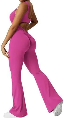 Women's sleeveless flare jumpsuit for yoga in high elasticity polyester fabric.