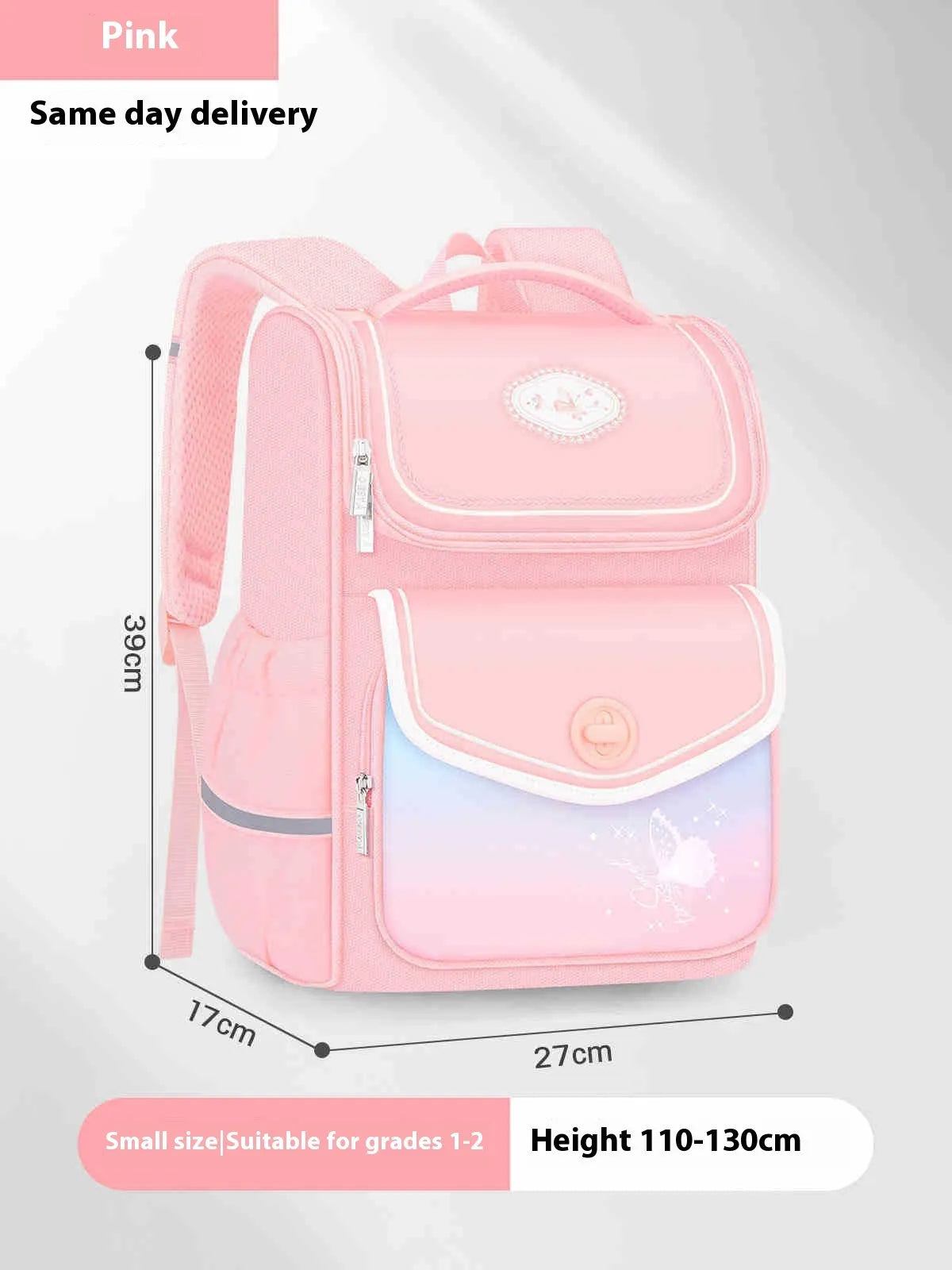Girls' waterproof schoolbag in pink with Oxford cloth construction showing multiple compartments and padded shoulder straps