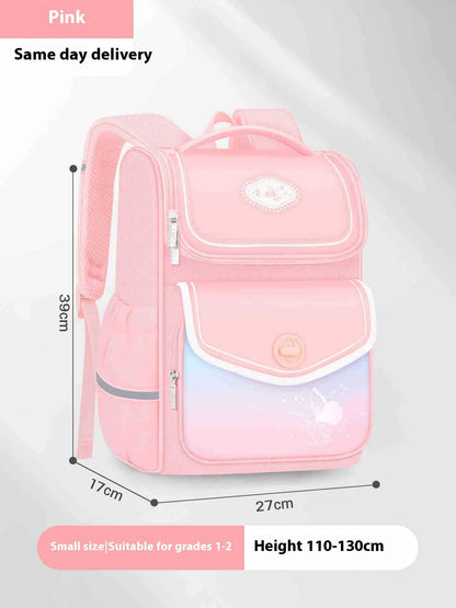 Girls' waterproof schoolbag in pink with Oxford cloth construction showing multiple compartments and padded shoulder straps