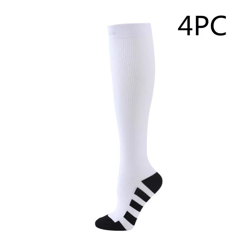 Athletic compression socks with three-bar design in black, pink, and white