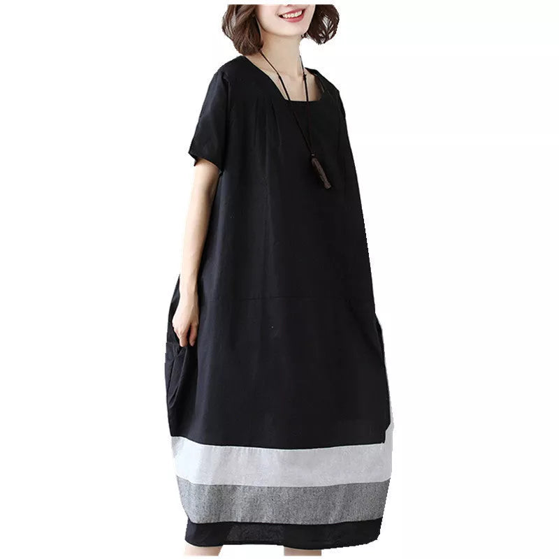 Black linen short sleeve dress for women in large size, perfect for summer.