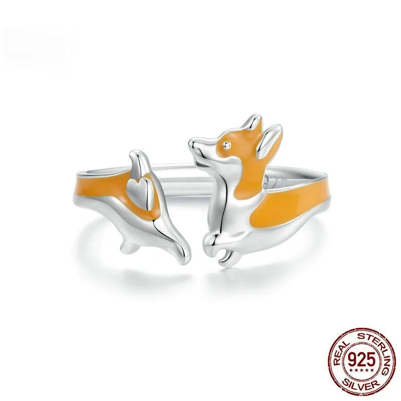 Silver ring with a cute cartoon corgi dog design, electroplated in colour SCR1014-E.