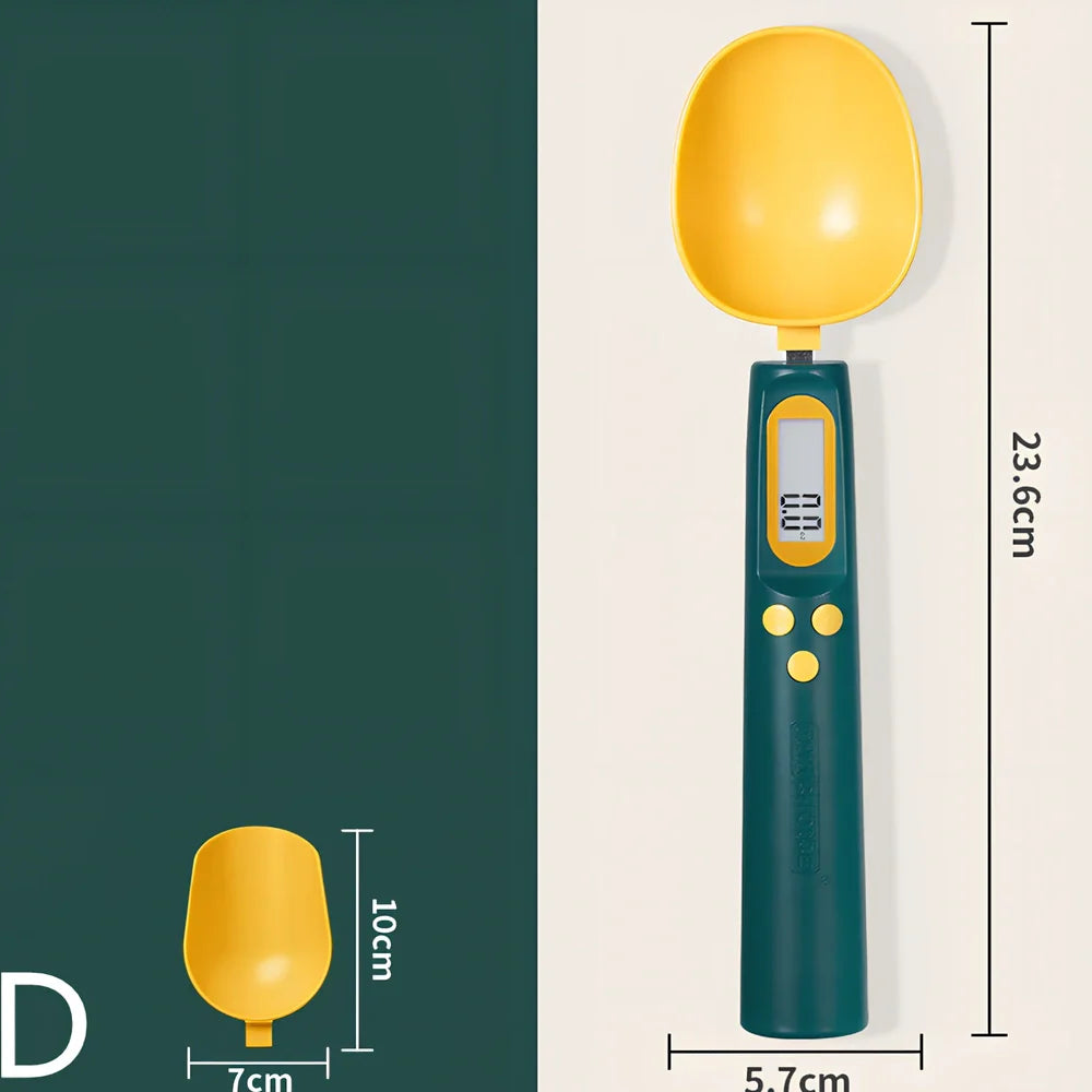 Digital kitchen spoon scale showing measurement display and USB charging port