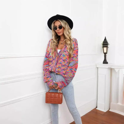Rose red rainbow mixed colour festival dyed short cardigan knitted coat with loose fit and regular sleeves