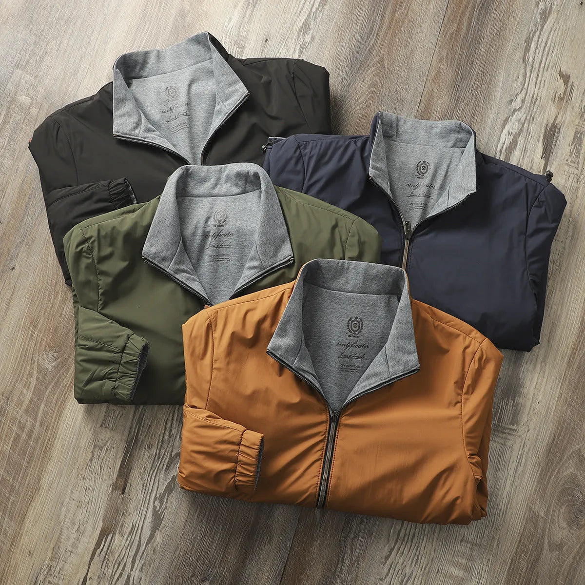 Men's simple stand collar casual jacket in army green, shown on a model.