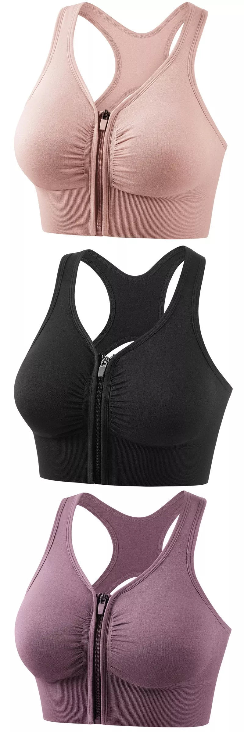 Plus size shockproof sports bra in pink, black, navy blue, and bean paste for running and yoga