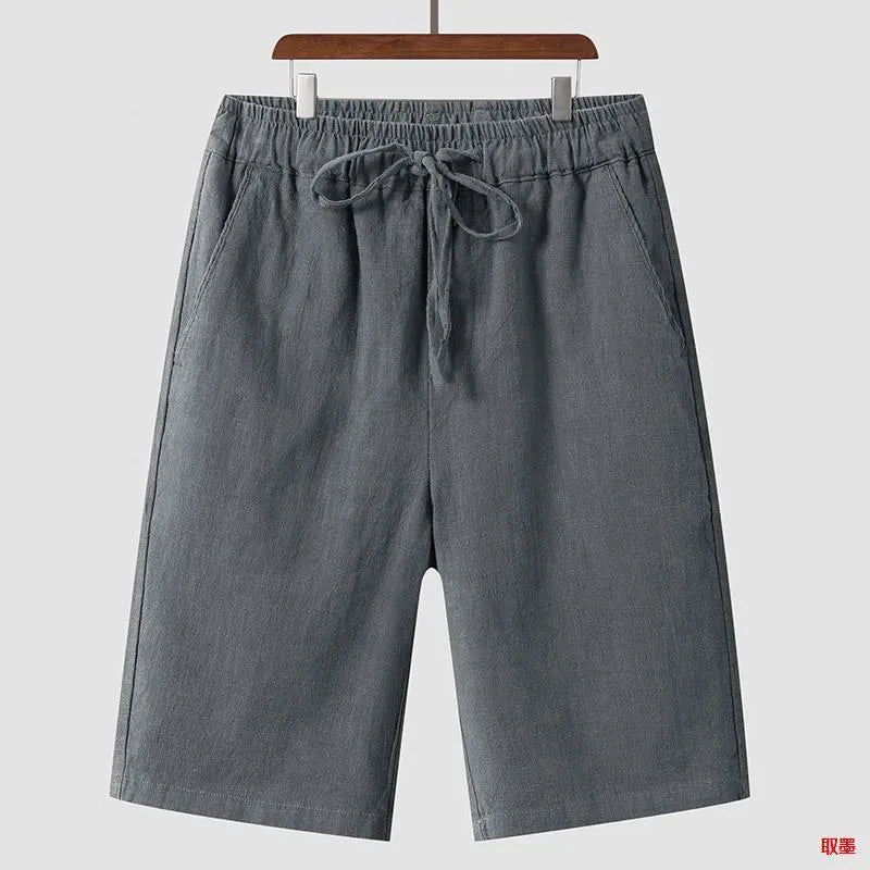 Men's linen shorts loose casual cropped pants elastic waist mid-length beige black dark gray navy blue white M L XL 2XL 3XL 4XL 5XL summer wear thin fabric breathable comfort