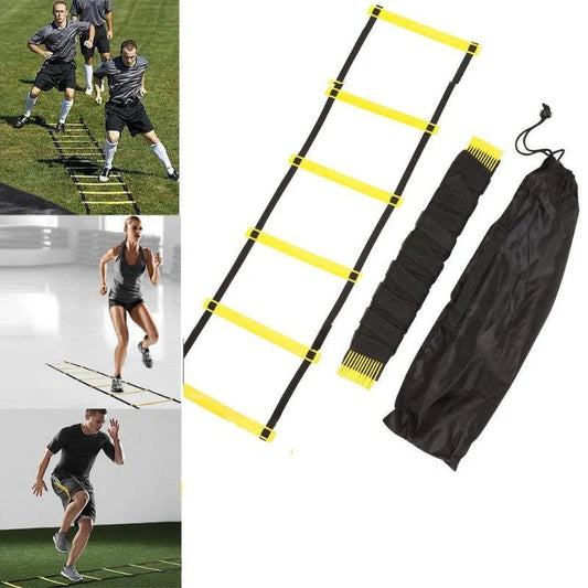 Bright yellow agility training ladder with adjustable rungs and carrying bag