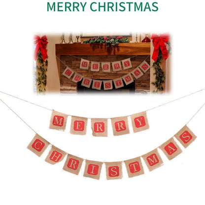 Brown and red burlap Christmas banner with fourteen flags on a string for wall decoration.
