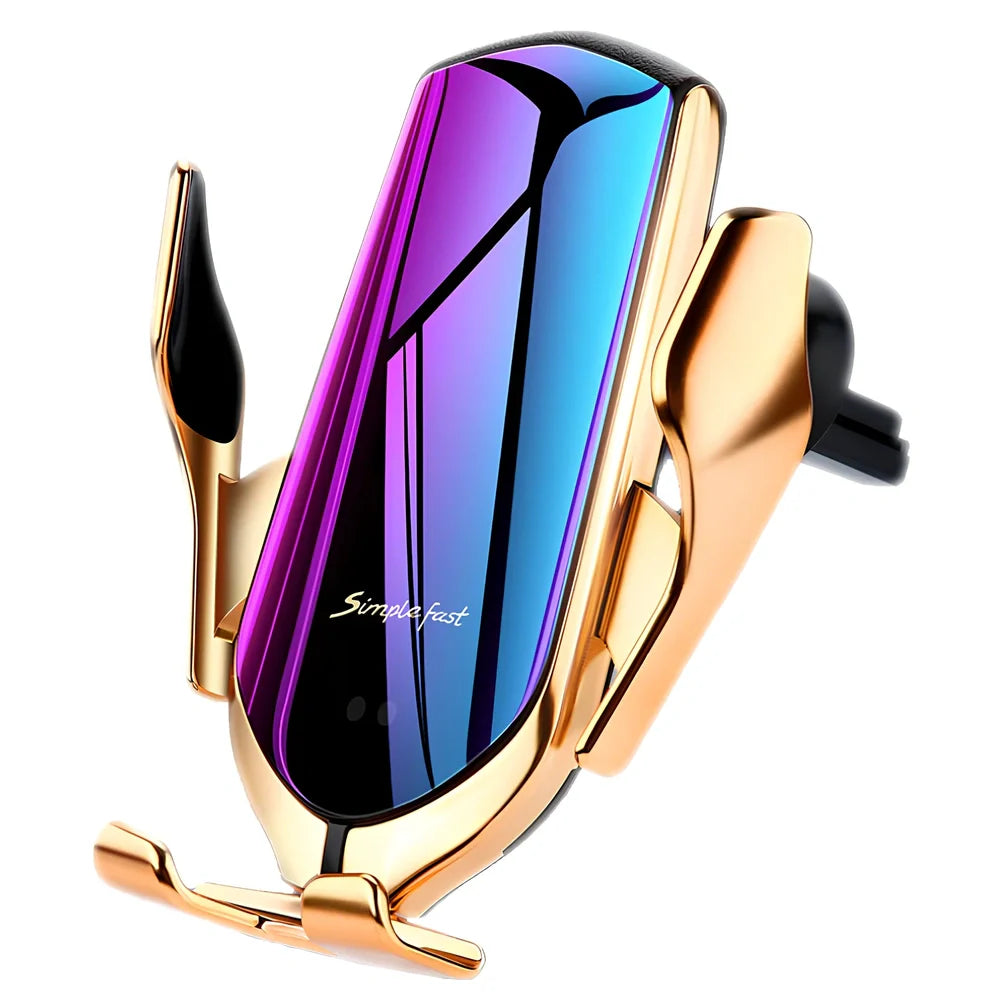 Black car wireless charger phone holder with suction cup mount and 360-degree rotation on a dashboard