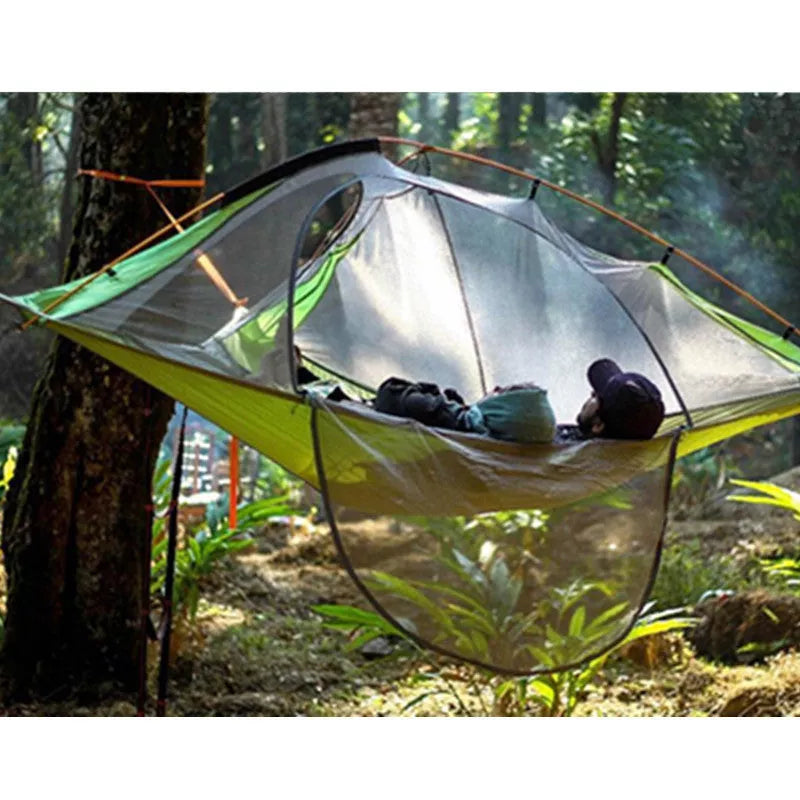 Off-ground tent with aluminum poles and Oxford cloth base for camping and hunting