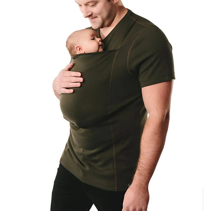 A green loose-fitting cotton short sleeve casual top with a round neck on a hanger.