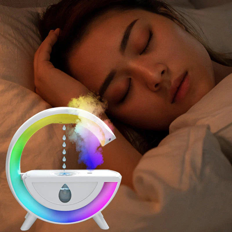 Anti-gravity air humidifier with LED lighting in white color, featuring water droplet animation and multi-color illumination