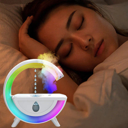 Anti-gravity air humidifier with LED lighting in white color, featuring water droplet animation and multi-color illumination