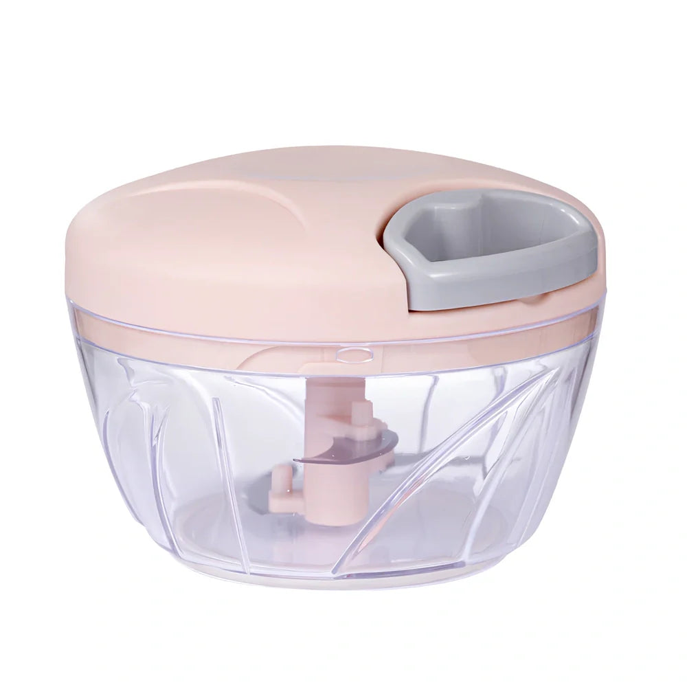 Manual garlic masher in blue, green, and pink colours showing small and large size options