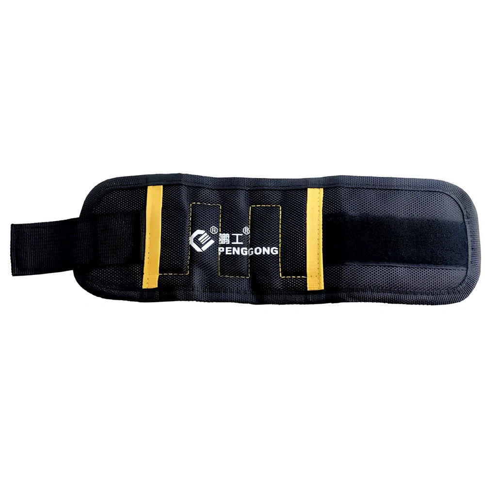 Adjustable magnetic wristband with five embedded magnets on 1680D Oxford cloth, showing tool holding capability