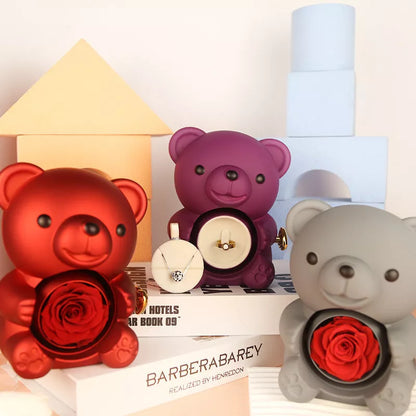 Eternal Rose Teddy Bear Jewelry Box with rotating drawer and preserved rose