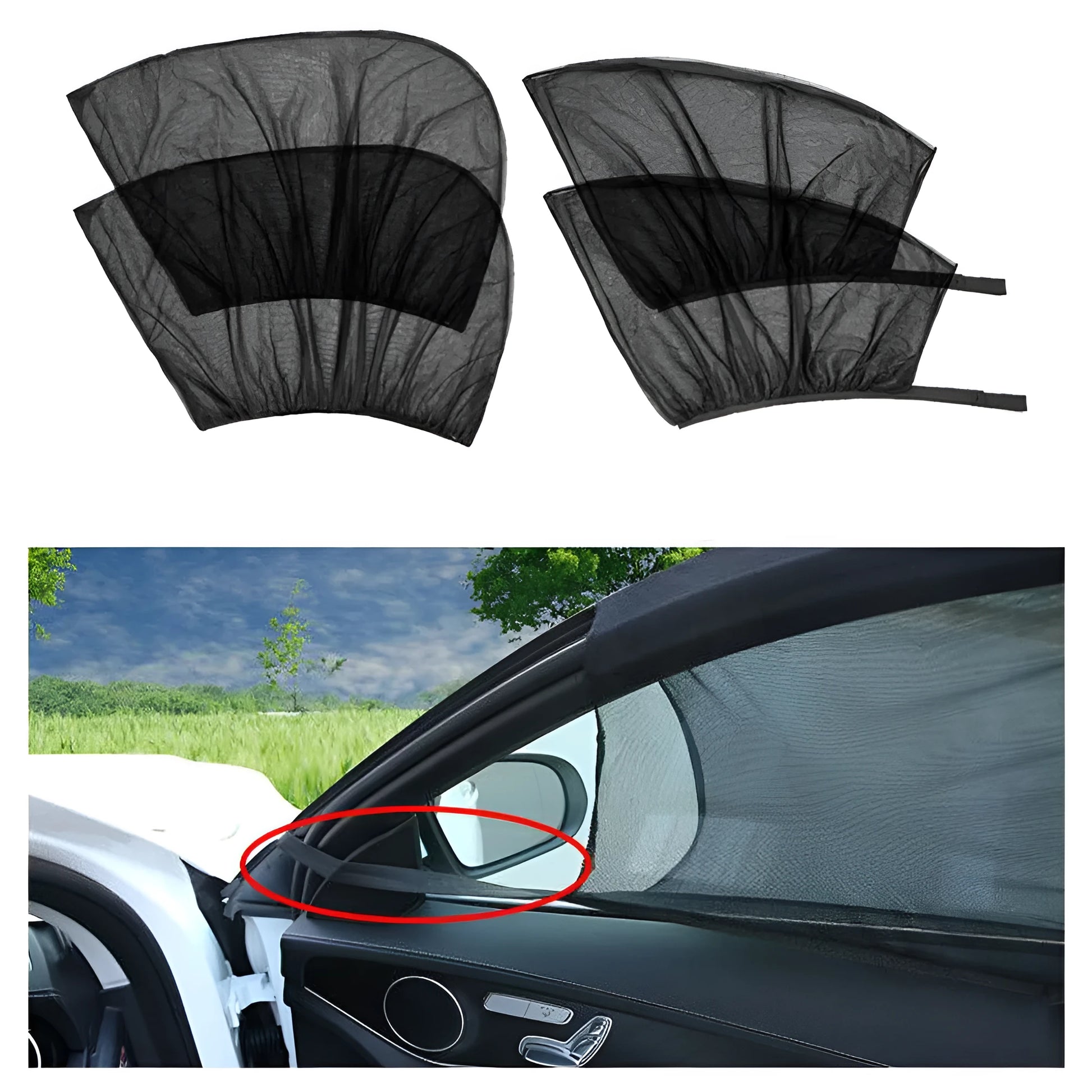 Stretch-fit mesh sunshades installed on a car's front and rear side windows for sun and insect protection.