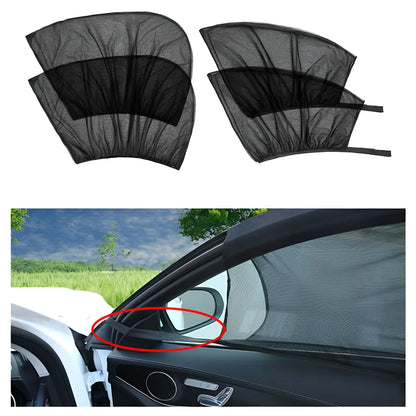 Stretch-fit mesh sunshades installed on a car's front and rear side windows for sun and insect protection.