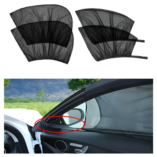 Stretch-fit mesh sunshades installed on a car's front and rear side windows for sun and insect protection.