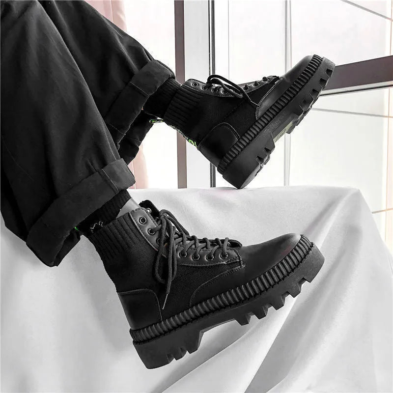 Men's black platform Doc Martens boots with zipper, high top 8-hole design, and frosted cowhide leather