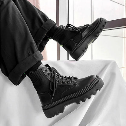 Men's black platform Doc Martens boots with zipper, high top 8-hole design, and frosted cowhide leather