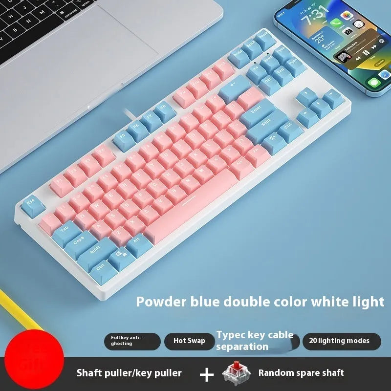 87-key mechanical keyboard with two-tone coloured keycaps on metal case