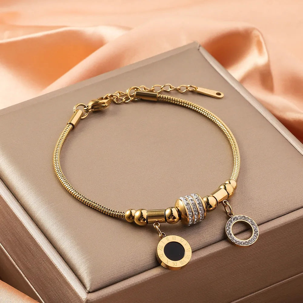 Titanium steel inlaid shell bracelet with electroplated finish showing pattern variation options