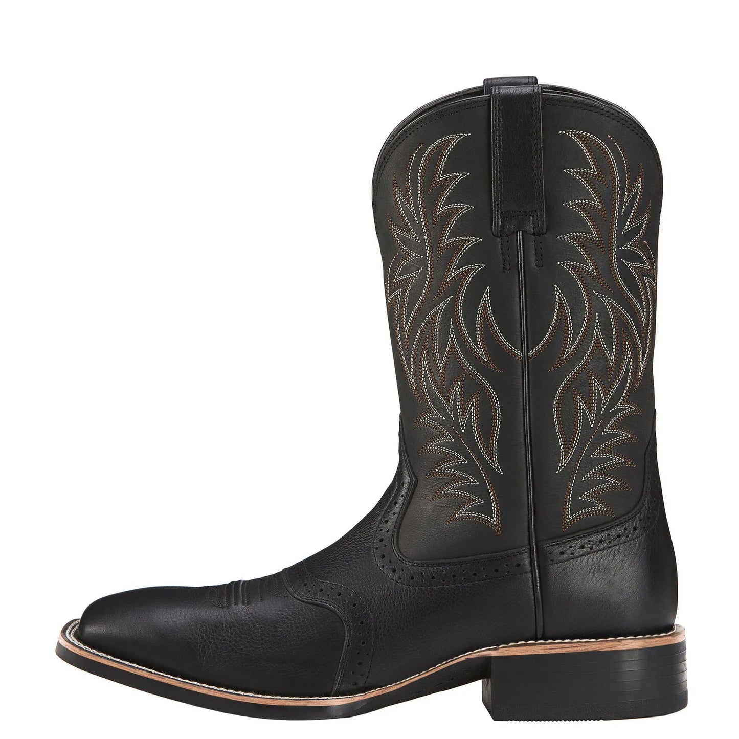 Black Western cowboy boot with vintage embroidery, square toe, and low heel on a rubber sole