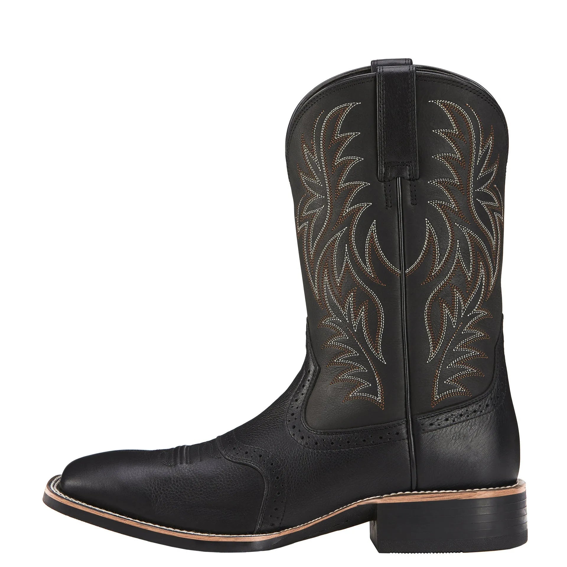 Black Western cowboy boot with vintage embroidery, square toe, and low heel on a rubber sole