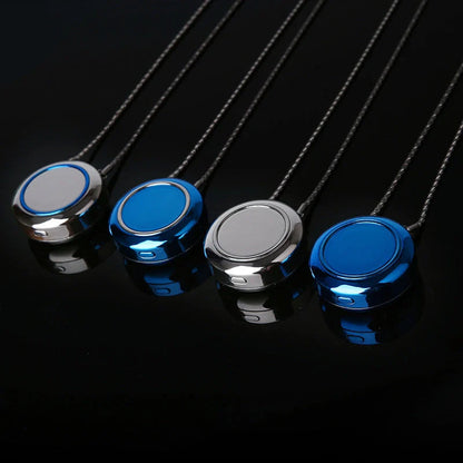 Portable negative ion air purifier necklace in blue, white, and silver
