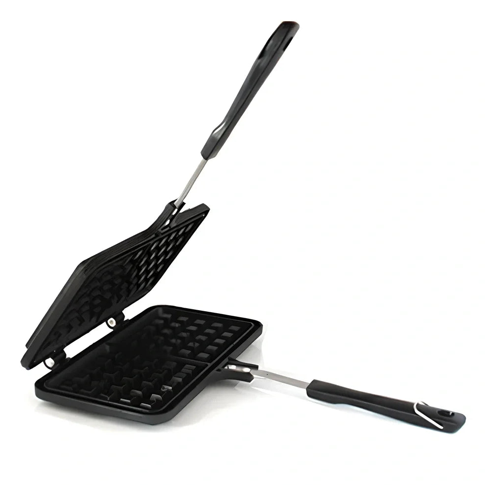 Black non-stick aluminium waffle mold 22x12x23cm with plaid pattern plates and locking handle for gas stove use