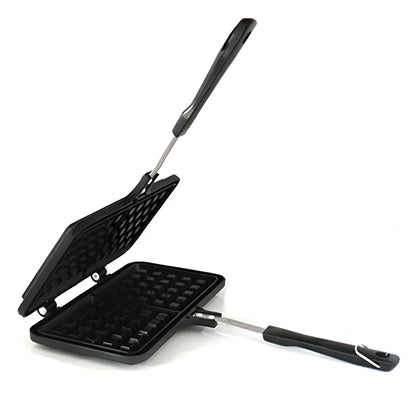 Black non-stick aluminium waffle mold 22x12x23cm with plaid pattern plates and locking handle for gas stove use