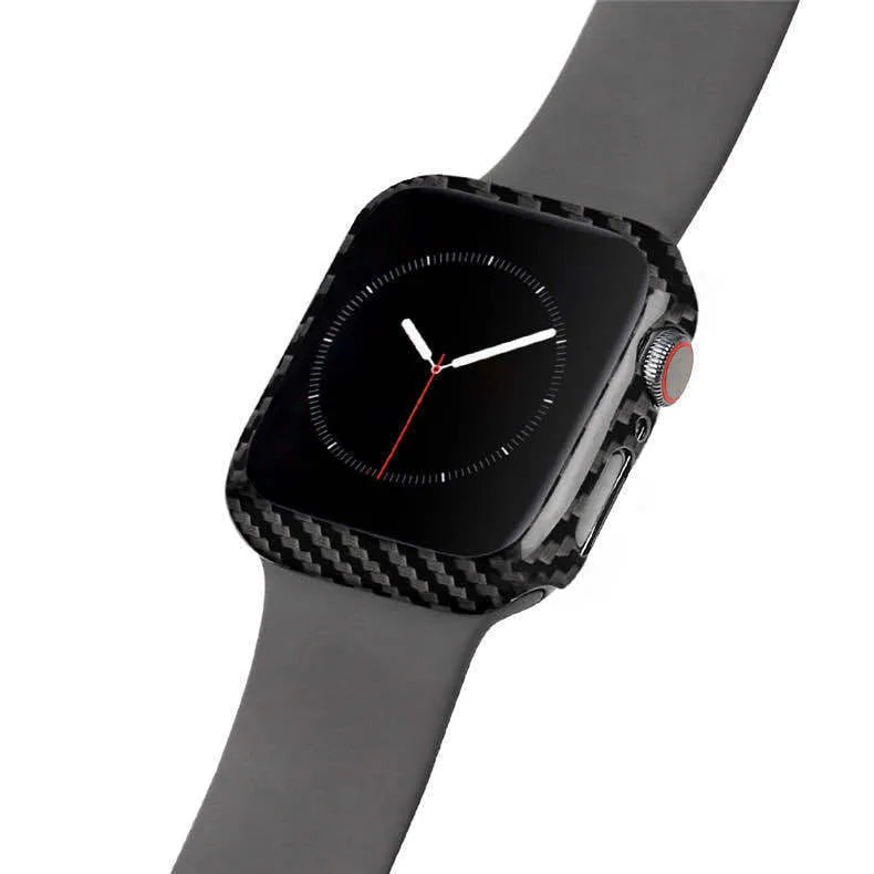 Apple Watch Series 4 in a black carbon fibre and leather half wrap protective case, showing the slim 44mm profile.