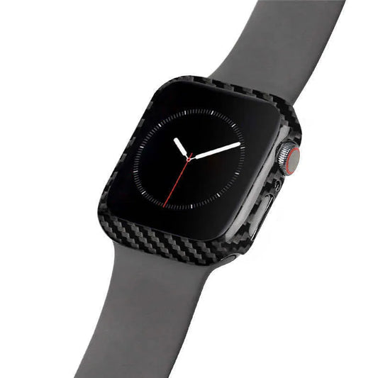Apple Watch Series 4 in a black carbon fibre and leather half wrap protective case, showing the slim 44mm profile.
