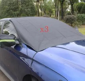 Car windshield snow cover 210x120cm black and silver waterproof polyester taffeta with reflective warning bar and four magnets