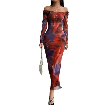 Women's green gradient printed pleated dress with fishtail skirt and square collar