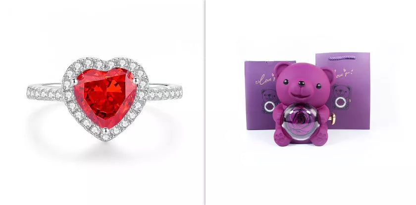 Eternal Rose Teddy Bear Jewelry Box with rotating drawer and preserved rose
