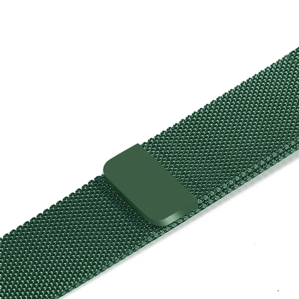 Stainless steel metal link strap for Apple Watch on a wrist, showing deployment clasp and polished finish