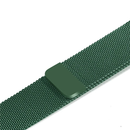 Stainless steel metal link strap for Apple Watch on a wrist, showing deployment clasp and polished finish