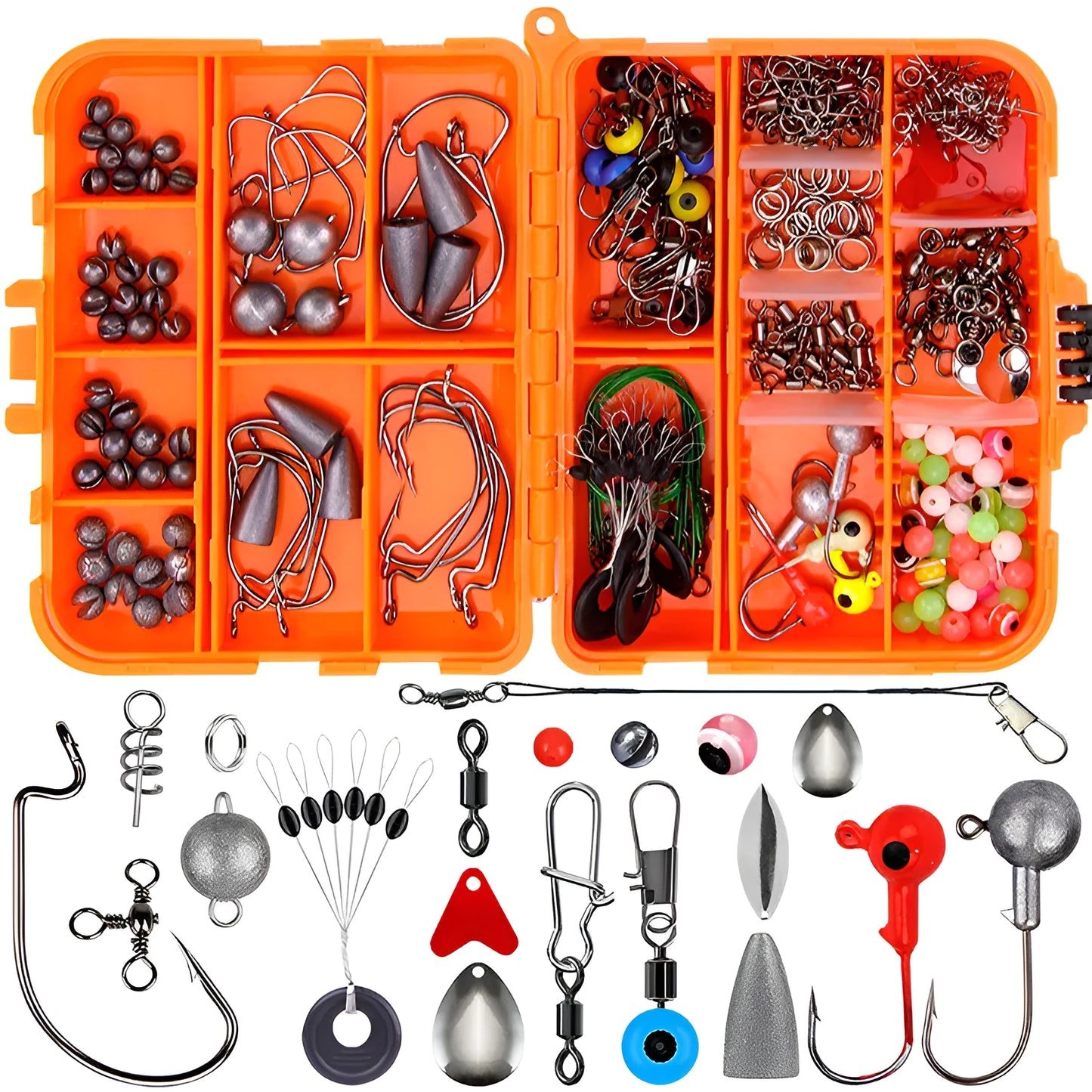 Weihe 257-piece fishing lure and hook accessories kit in an orange ABS plastic tackle box
