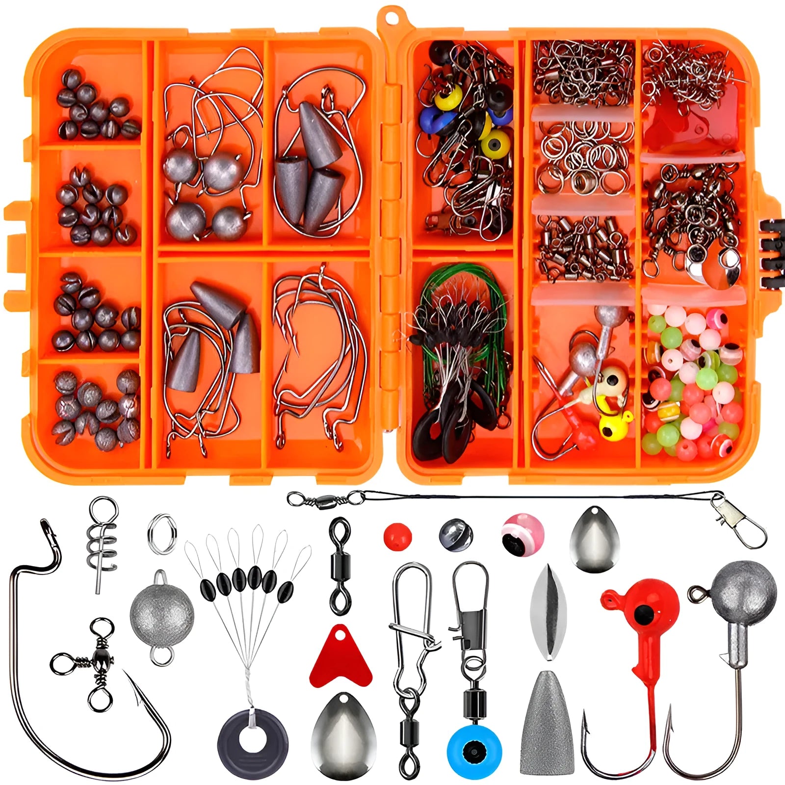Weihe 257-piece fishing lure and hook accessories kit in an orange ABS plastic tackle box