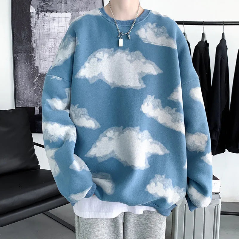 Men's loose pullover top with wool lining, available in black, blue, and white, sizes M-XXL.