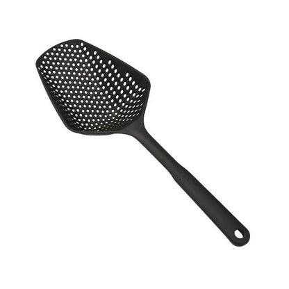 Large black nylon strainer scoop colander for kitchen use draining food.