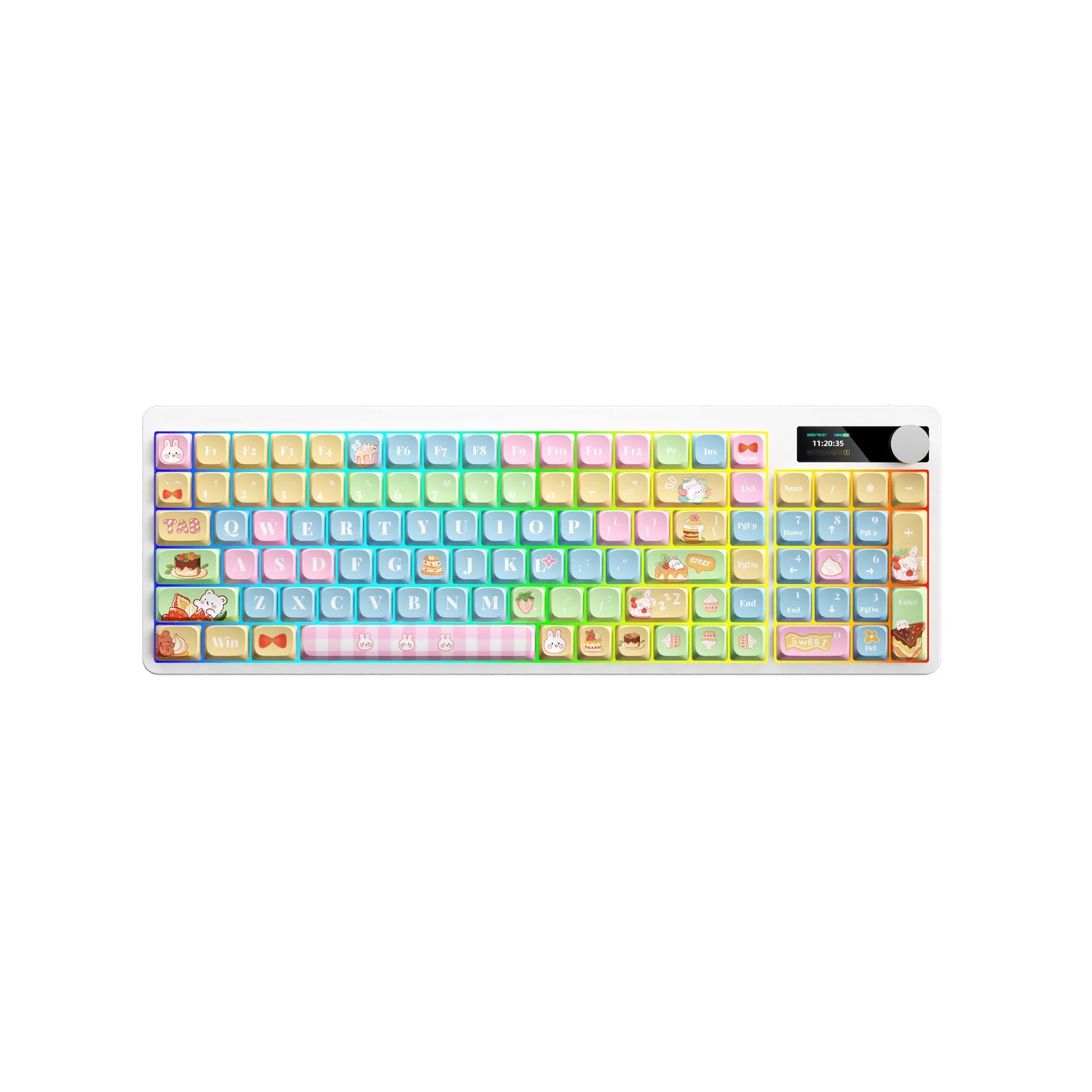 Black iron cow layout mechanical keyboard with RGB backlighting on a desk.