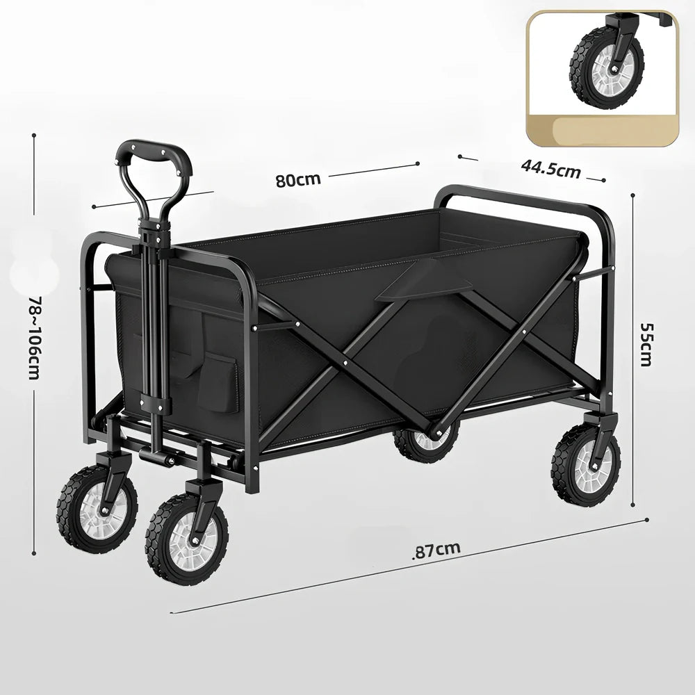 Foldable black camping cart with 600kg capacity showing expanded and collapsed dimensions