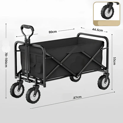 Foldable black camping cart with 600kg capacity showing expanded and collapsed dimensions