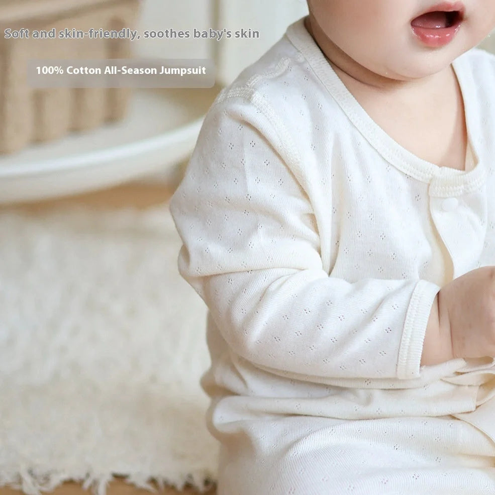 Pure cotton baby romper in blue with long sleeves and single-breasted closure, showing long climbing style design